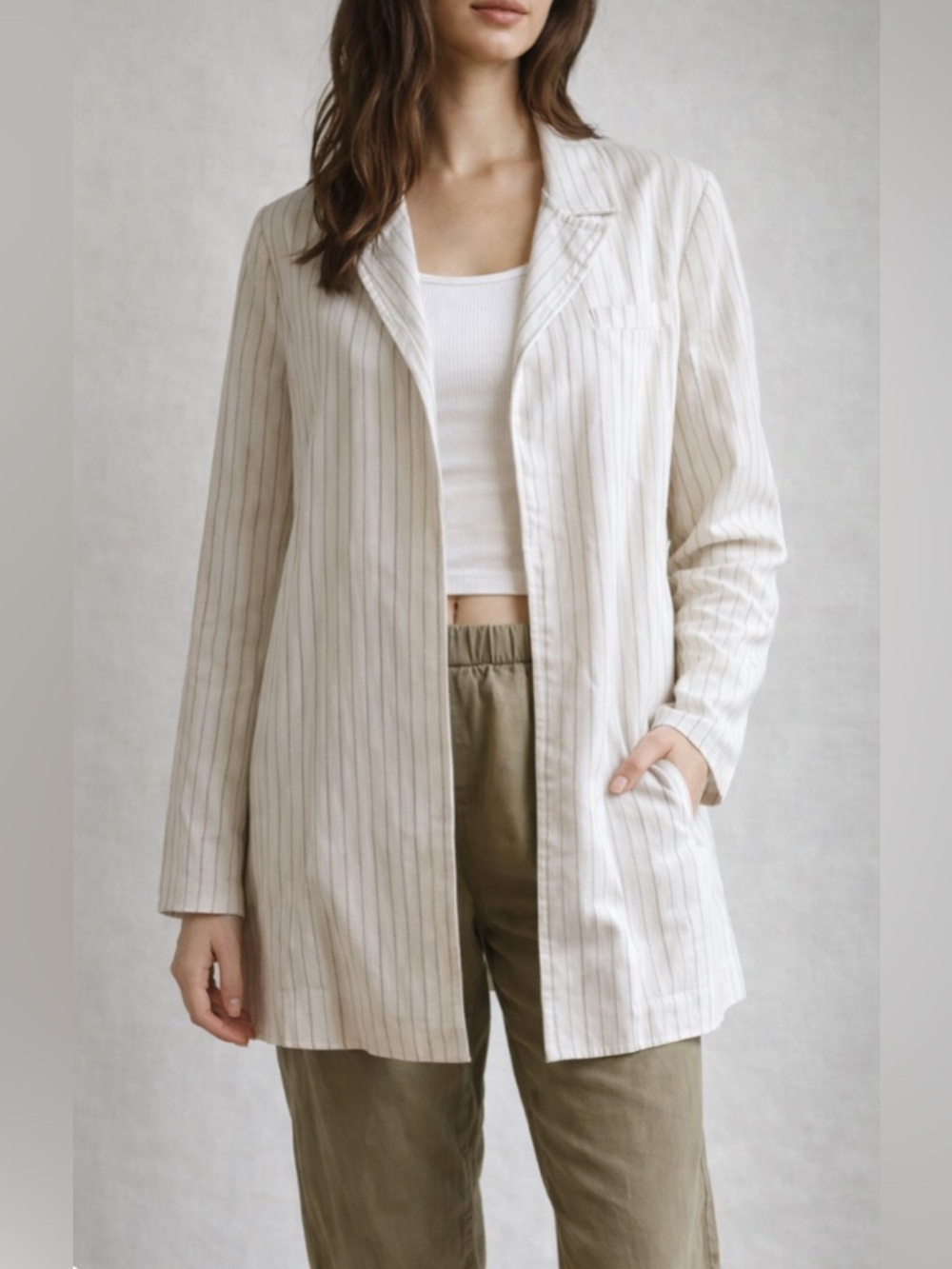 Mello Day  Womens Stripped Linen Blend White Office Jacket Blazer M NWT